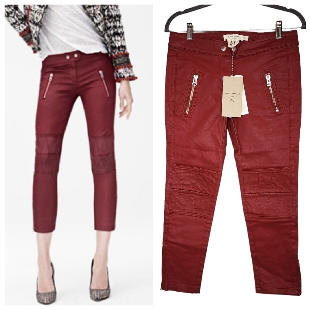 NWT Isabel Marant × H&M Red Moto Coated Crop Skinny Jeans Women's Size 6